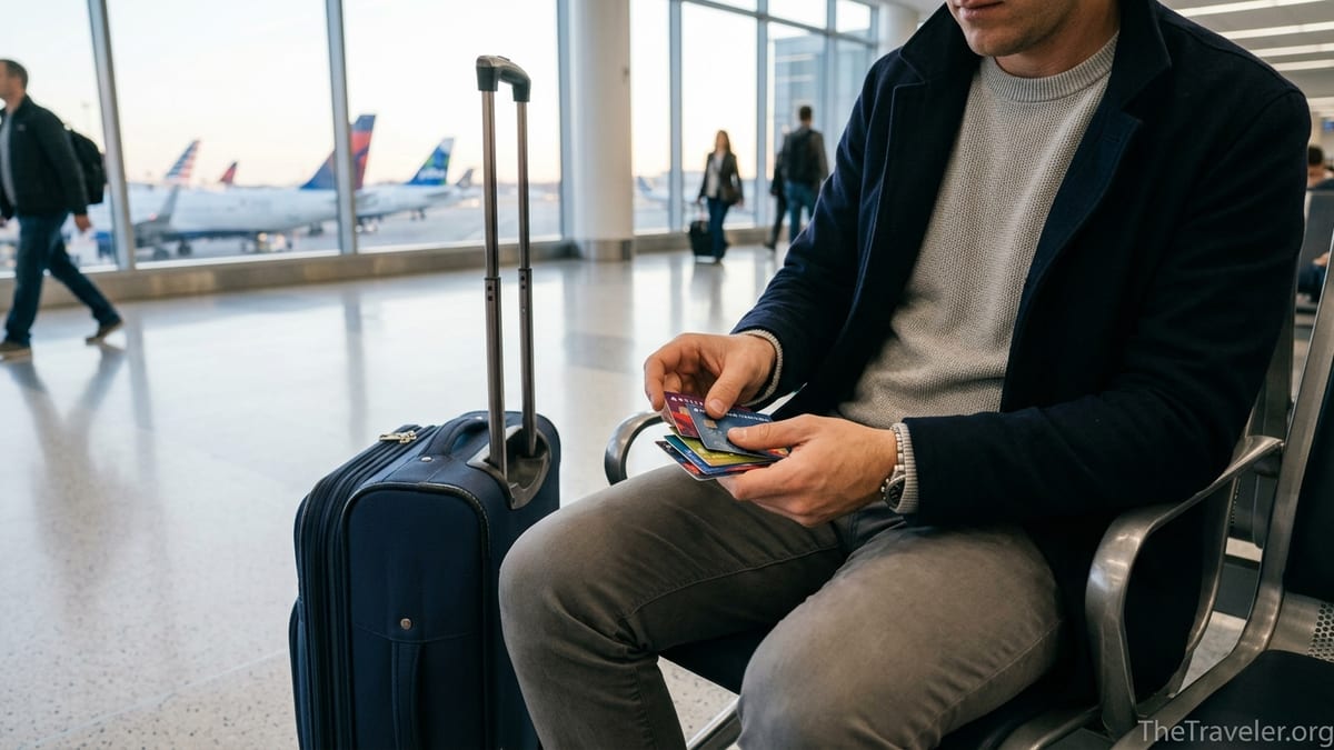 Traveler at an airport gate holding airline credit cards beside a carry-on bag.