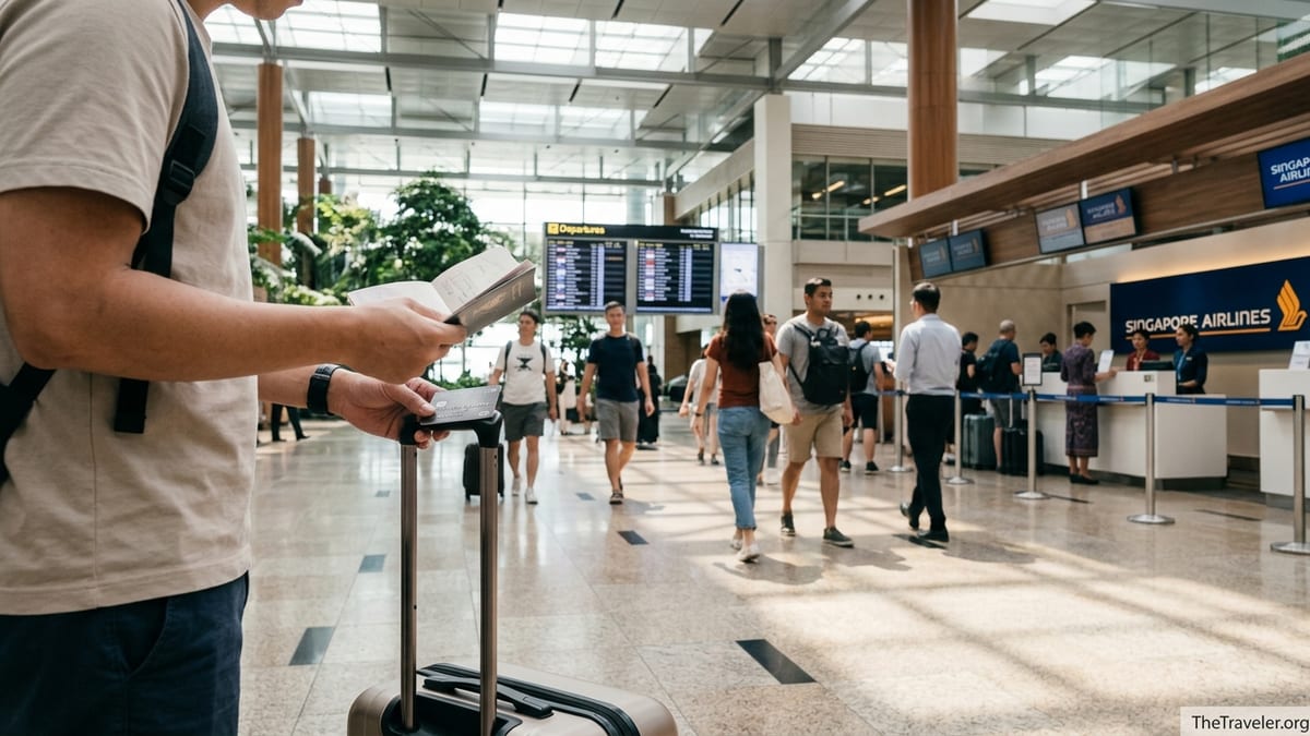 Traveler holding a credit card in Singapore Changi Airport near Singapore Airlines check-in.
