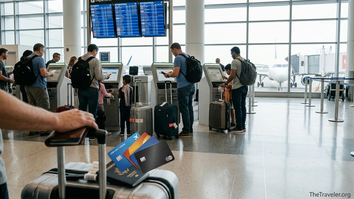Travelers in an airport terminal holding various airline credit cards at check-in.