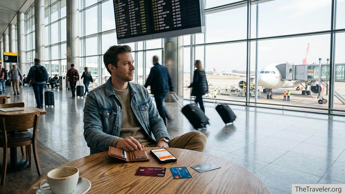 Traveler in airport lounge comparing airline credit cards with Virgin Atlantic jet outside window.
