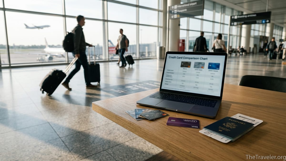 Travel credit cards and a Velocity frequent flyer card on a table in a busy airport terminal.