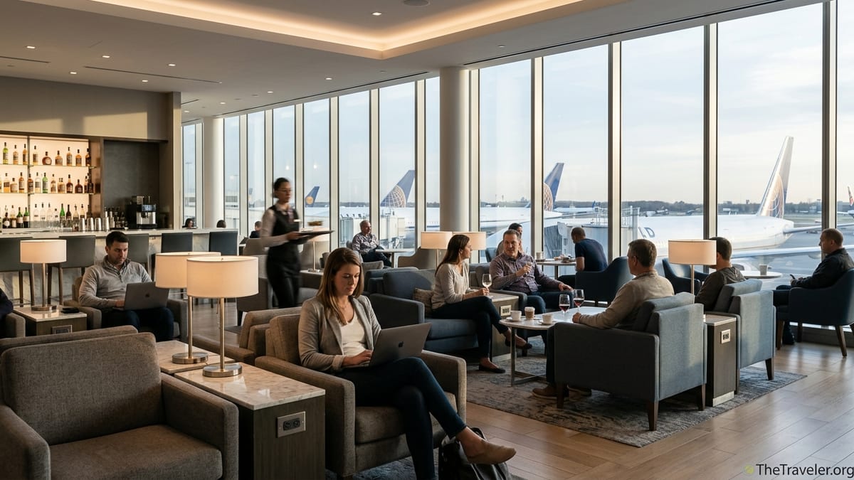 Travelers relaxing and working in a premium airport lounge at JFK with runway views.