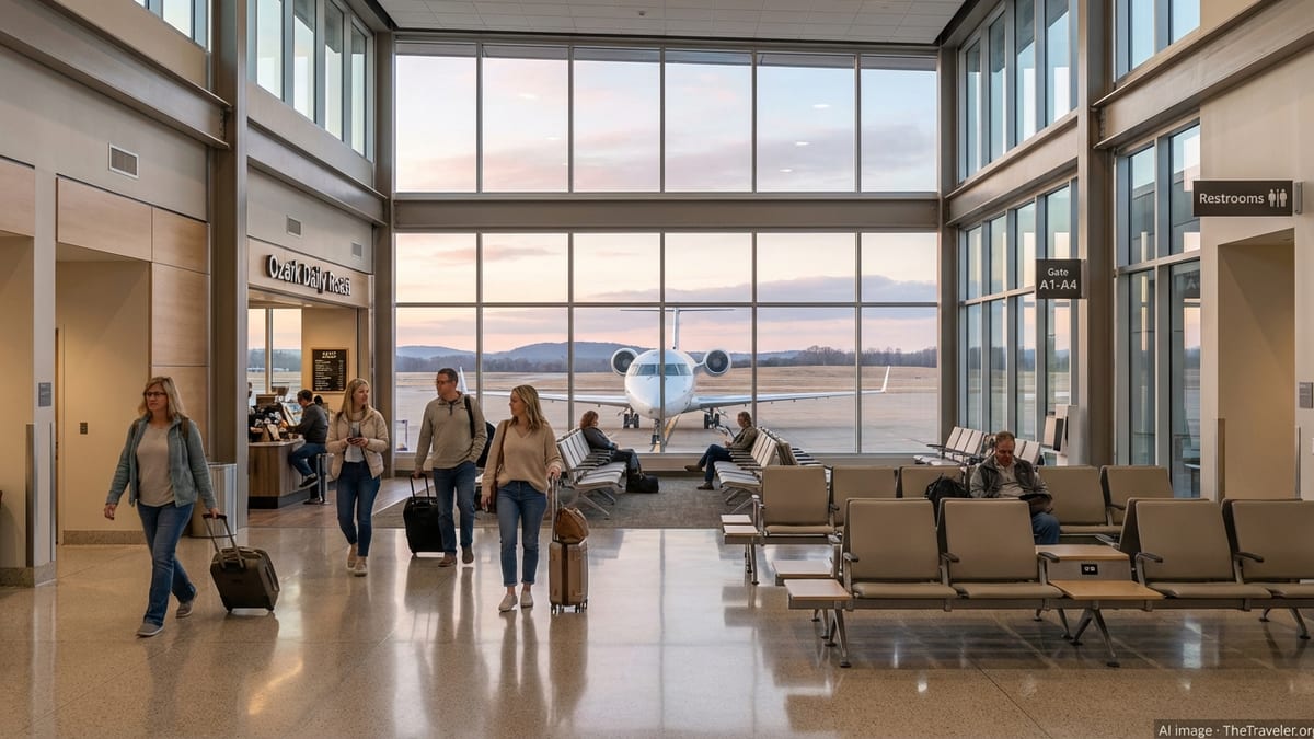 Travelers walking through a bright regional airport terminal in Arkansas at dawn.