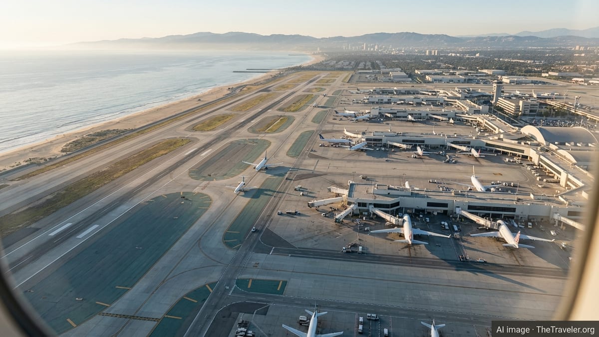 Aerial view of a major California coastal airport with runways, terminals and planes at golden hour.