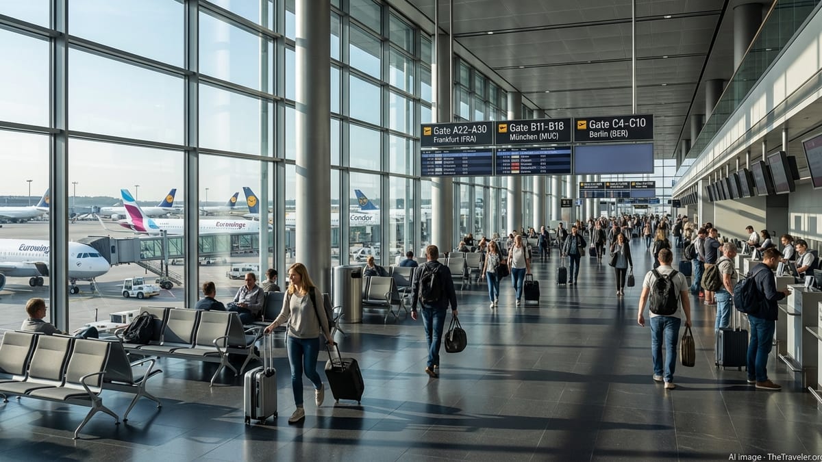 Interior of a busy German airport terminal with travelers and aircraft outside large windows.