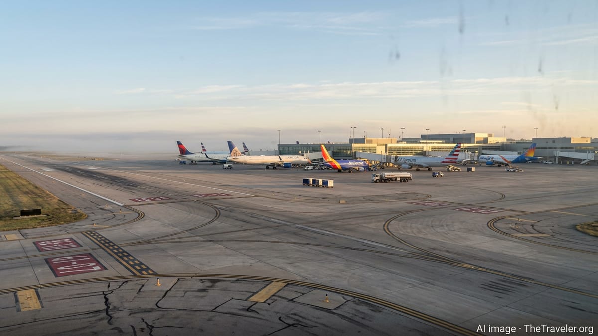Early morning view of Des Moines International Airport runways and terminal under soft sunrise light.