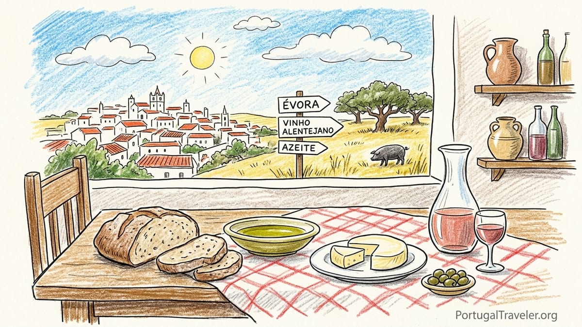 Outdoor table with Alentejo wine, bread, olive oil and grilled pork overlooking rolling cork oak countryside.