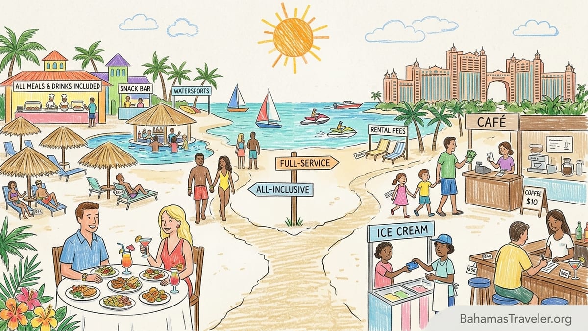 Morning beach scene at a Bahamas all-inclusive resort with buffet station, drinks, and watersports hut.