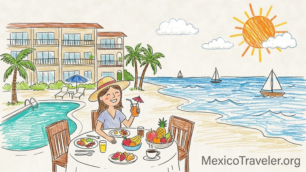 Pool-to-beach view at a Mexico all-inclusive resort with two cocktails and a dinner reservation card on a table.