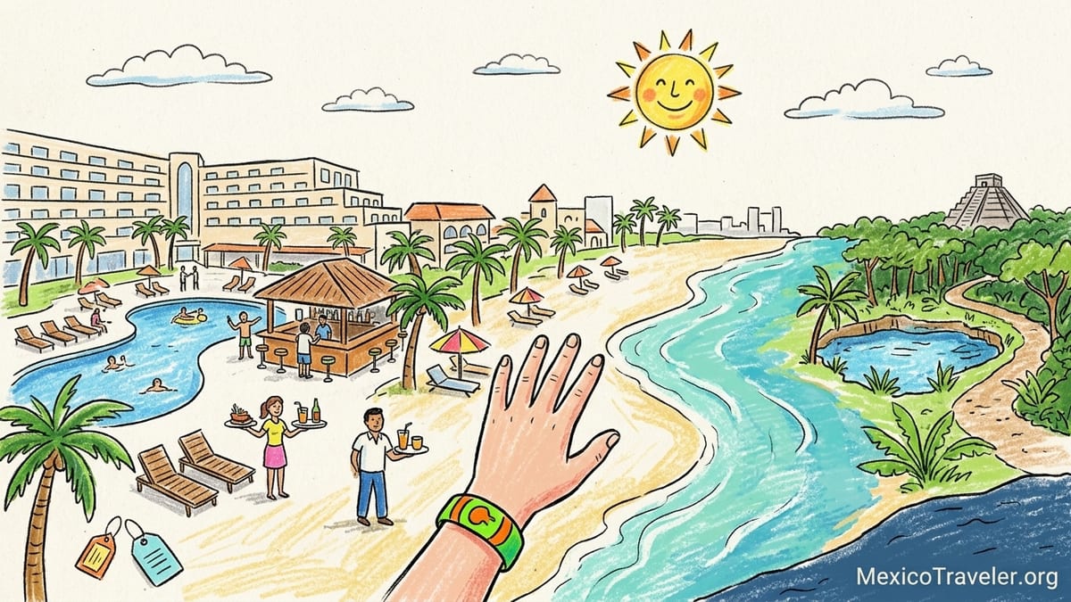 Pool-to-beach view at a Mexican Caribbean all-inclusive resort with a wristbanded hand holding a margarita at golden hour.