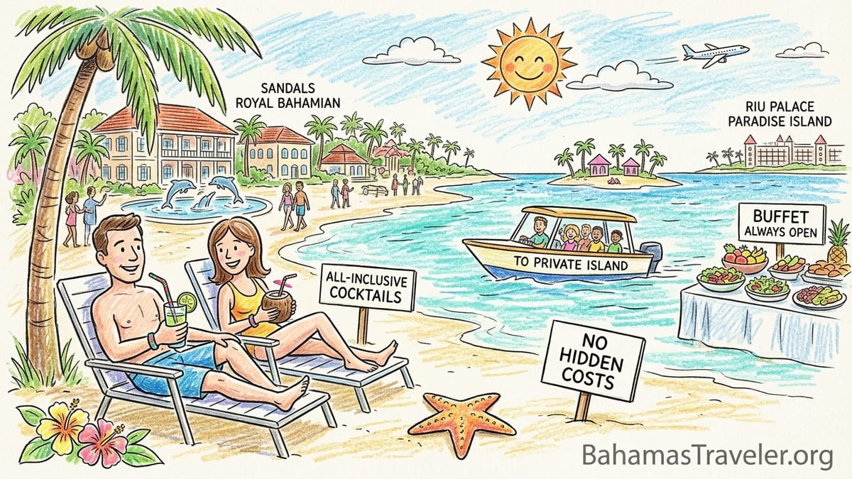 Cable Beach in Nassau with an all-inclusive resort setup, loungers under palapas, and a server carrying tropical cocktails.