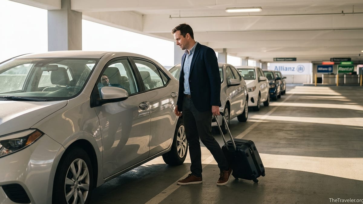 Traveler checking a rental car in an airport garage at sunset