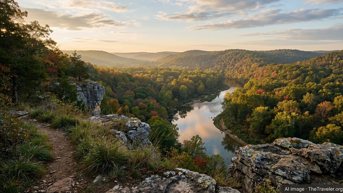 Forest-covered hills and a winding river seen from a rocky bluff at sunset.