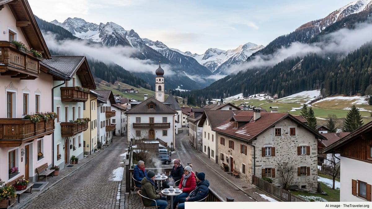 Alpine village with onion-domed church and mixed Austrian-Italian style houses beneath snow-capped mountains.