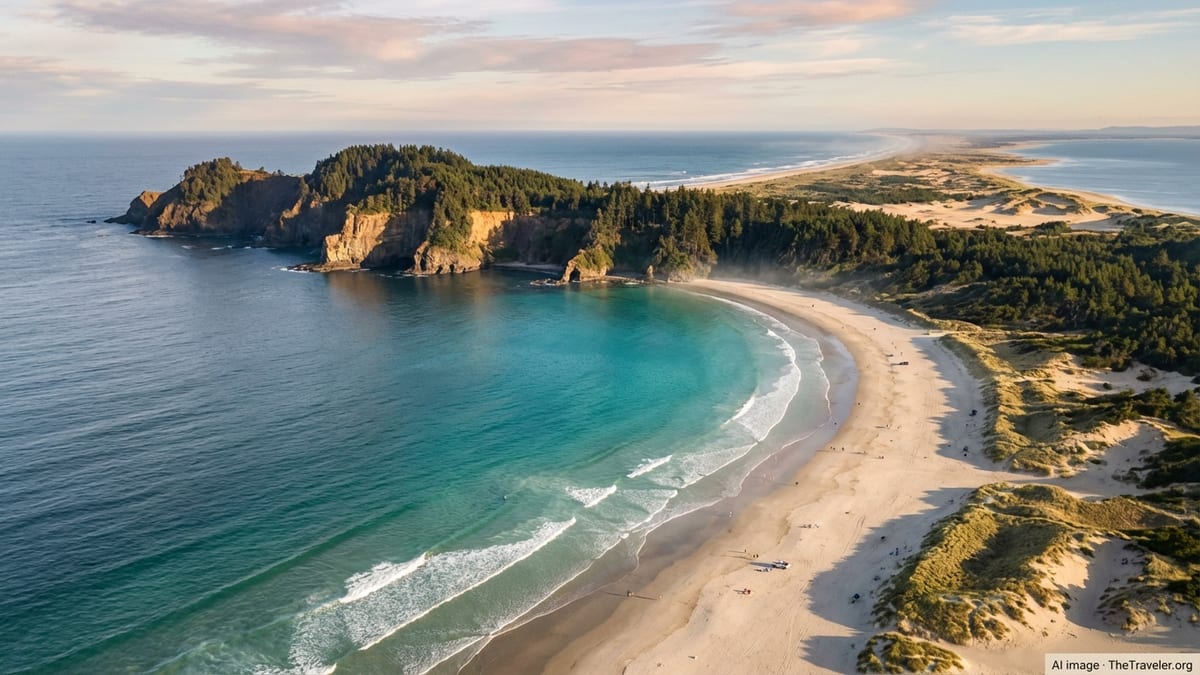Aerial view of non-California coastline with cliffs, forests, dunes and wide sandy beaches at golden hour.