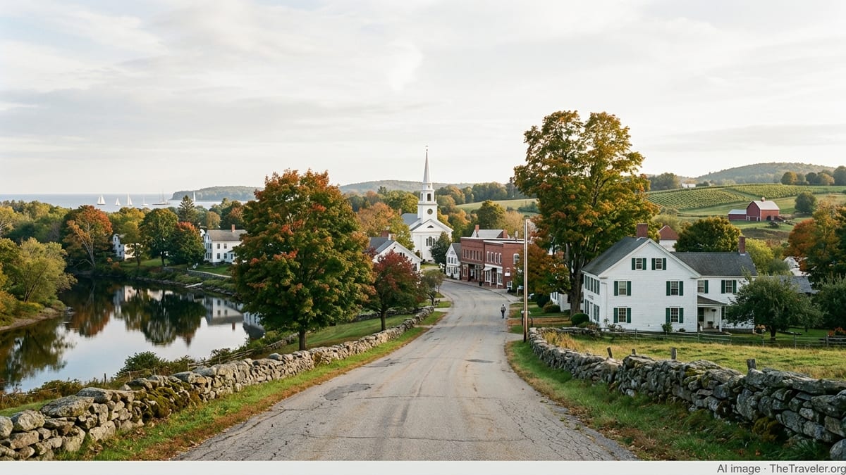 Scenic New England-style town with river, vineyards, and autumn trees at sunset.