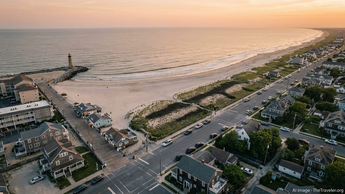 A quiet Atlantic beach town with boardwalk and modest condos at sunset, viewed from above.
