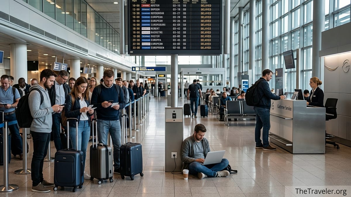 Passengers waiting in a busy European airport terminal as multiple flights show delayed on the departures board.