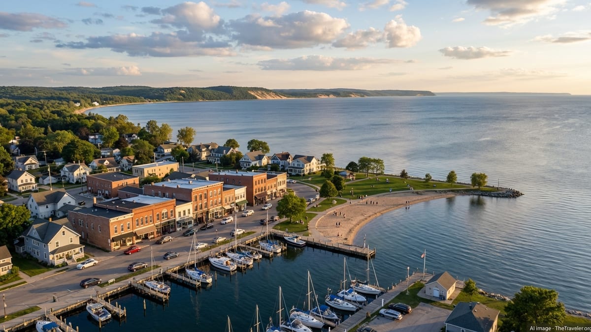 Aerial view of a small Great Lakes harbor town with marina, beach, and forested shoreline at sunset.