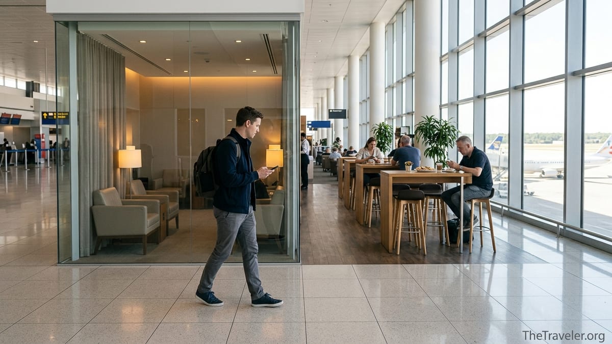 Traveler comparing an airport lounge and nearby café as lower-cost pre-flight options.