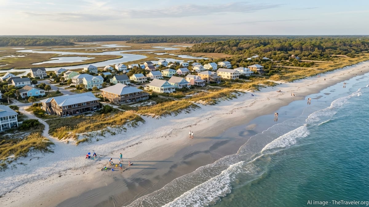 A quiet family friendly beach with dunes, a small coastal town, and calm turquoise water at sunset.