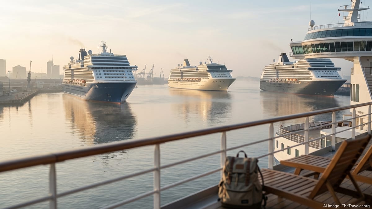 Cruise ships from different lines in a harbor at sunrise seen from another ship’s deck