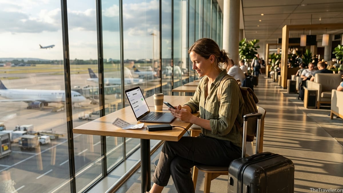 Traveler in an airport lounge managing eSIM data on a smartphone beside luggage and laptop.