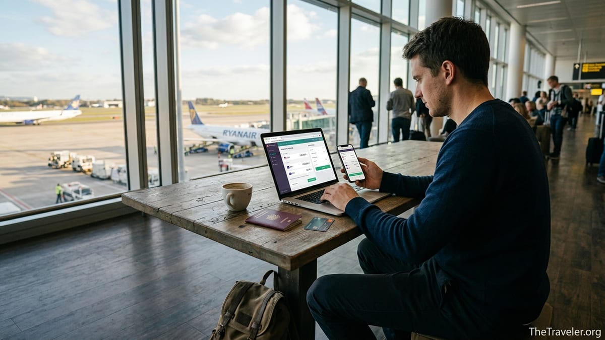 Traveler using laptop and phone to compare international money transfer options in an airport lounge.