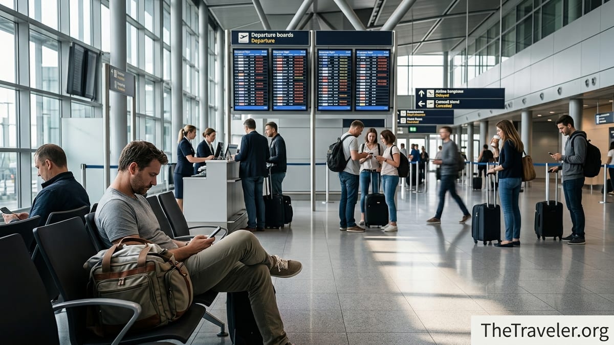 Traveler checking a delayed flight notification on phone in a busy airport terminal.