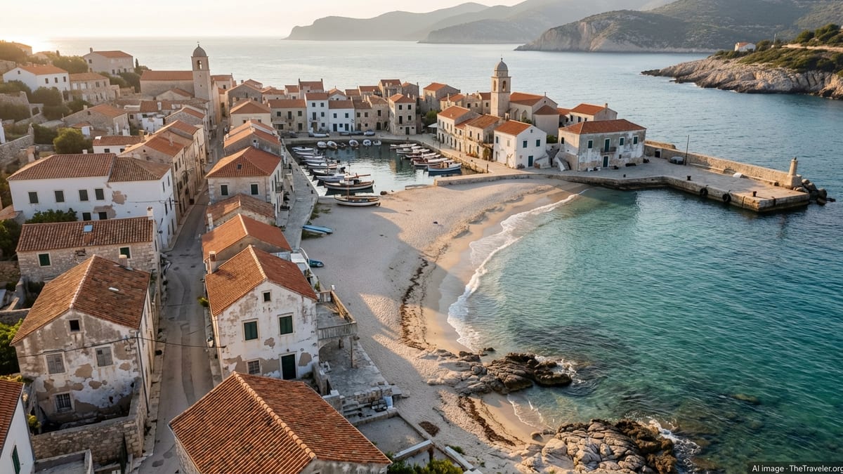 A quiet Mediterranean-style coastal town overlooking a turquoise bay at golden hour.
