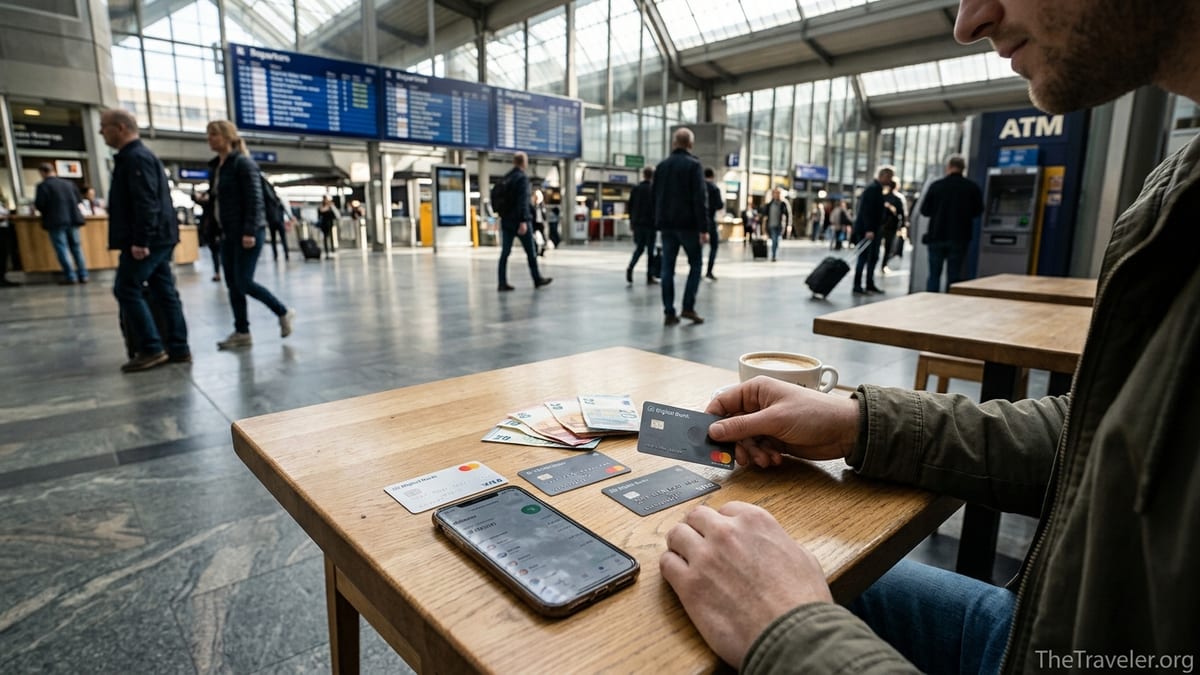 Traveler comparing multiple bank cards and a phone app at a cafe in a busy European station.