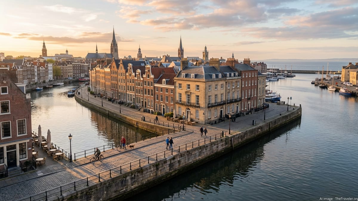 Sunrise over a historic European waterfront city with canals, stone houses and distant sea.