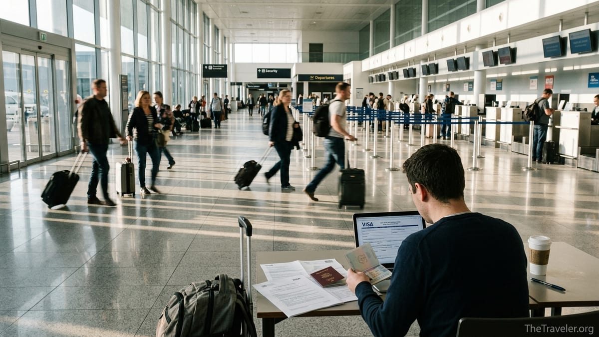 Traveler reviewing visa documents and passport at an airport terminal table.