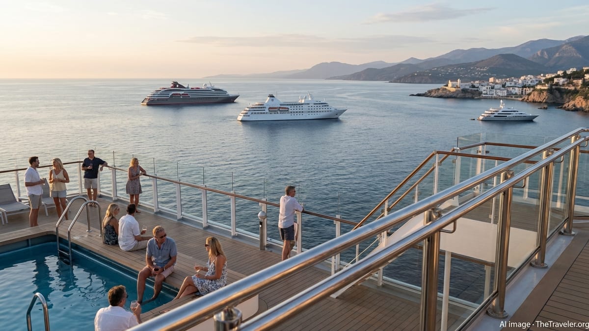 Adults relaxing on a cruise ship sun deck at sunset with several modern ships offshore.
