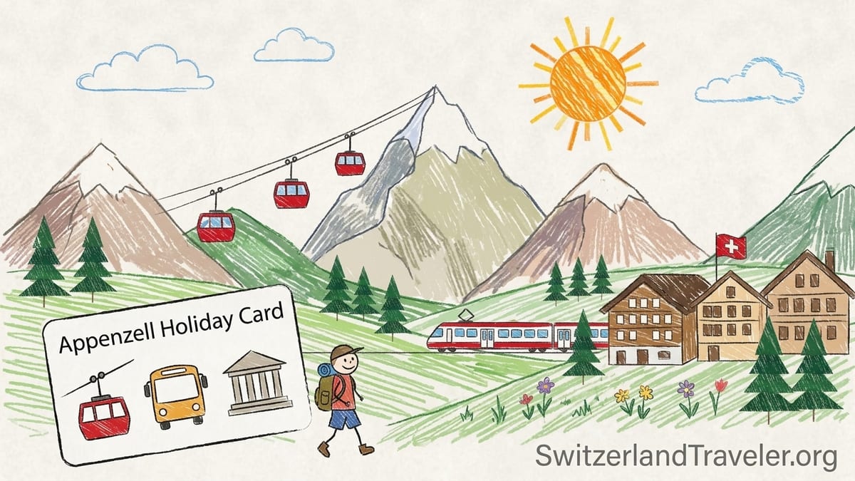 Small hotel near Appenzell train station with Alpstein mountains and cable cars in the background.