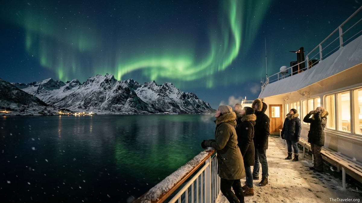 Travelers watch vivid Northern Lights from a small ship sailing along snowy Norwegian fjords at night.