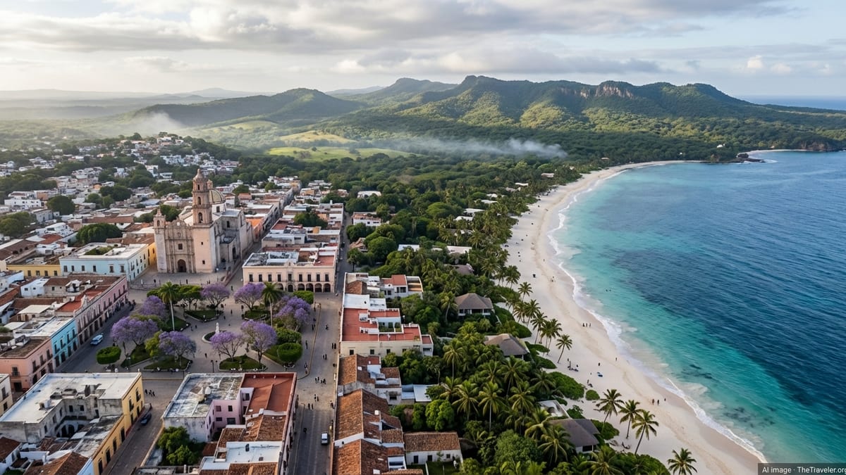 Aerial view of Mexican beach, colonial city and forested hills under soft afternoon light.