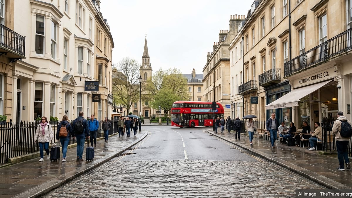 Cobbled UK city street lined with historic townhouses, small hotels and cafés, with pedestrians and a distant bus on a cloudy