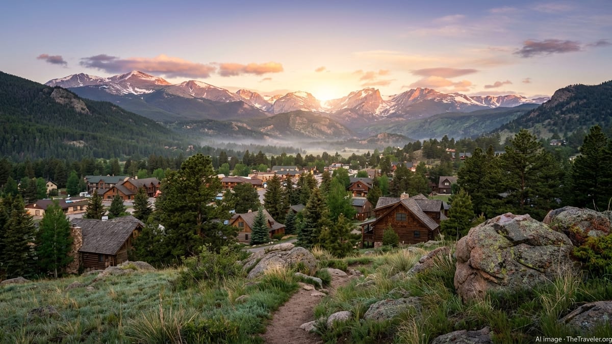 Sunrise over Estes Park and snow capped peaks of Rocky Mountain National Park in Colorado.