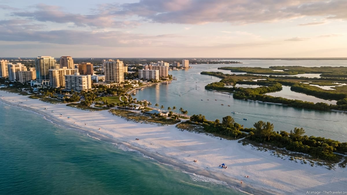 Aerial view of a Florida beach, city skyline, and nearby mangrove wetlands at sunset.