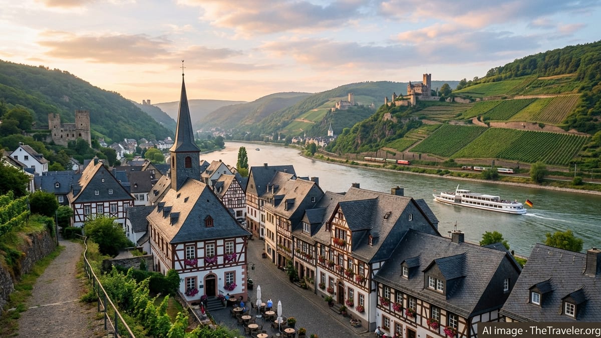 Golden hour view over a German Rhine Valley town with vineyards, river, and castle.