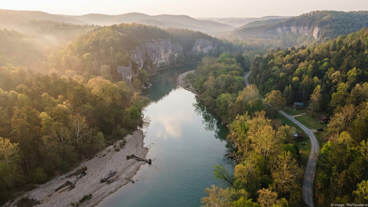 Aerial view of the Buffalo National River curving below forested Ozark bluffs in soft morning light.