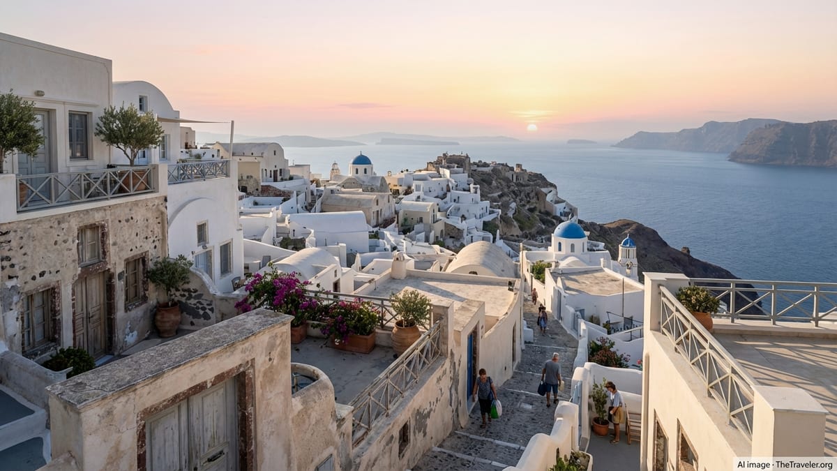 Sunrise over a whitewashed Greek island village on a cliff above the Aegean Sea.
