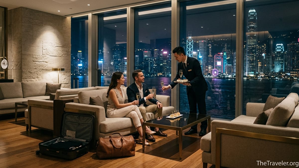 Couple relaxing in a luxury hotel lounge overlooking a glowing city skyline at night.