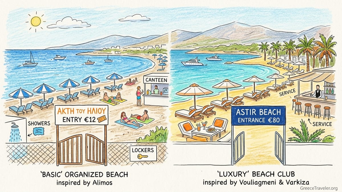 Organized beach clubs along the Athens Riviera with sunbeds, umbrellas, and swimmers in the Saronic Gulf