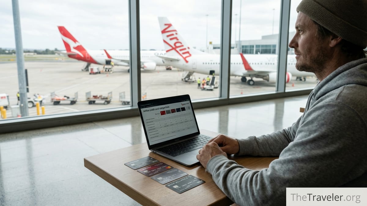 Traveller at Sydney Airport comparing Australian airline credit cards with Qantas and Virgin planes outside window.