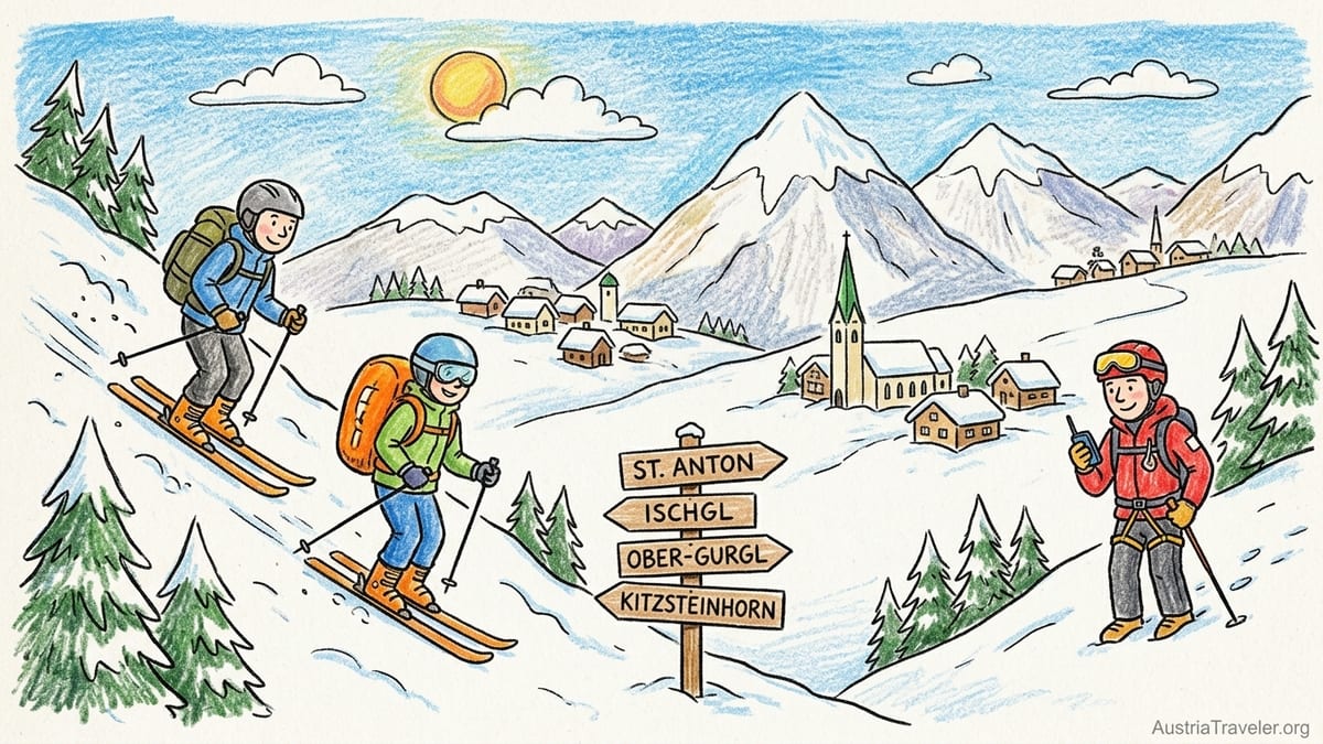 Advanced skier on a steep piste above tree line in the Austrian Alps near off-piste bowls.