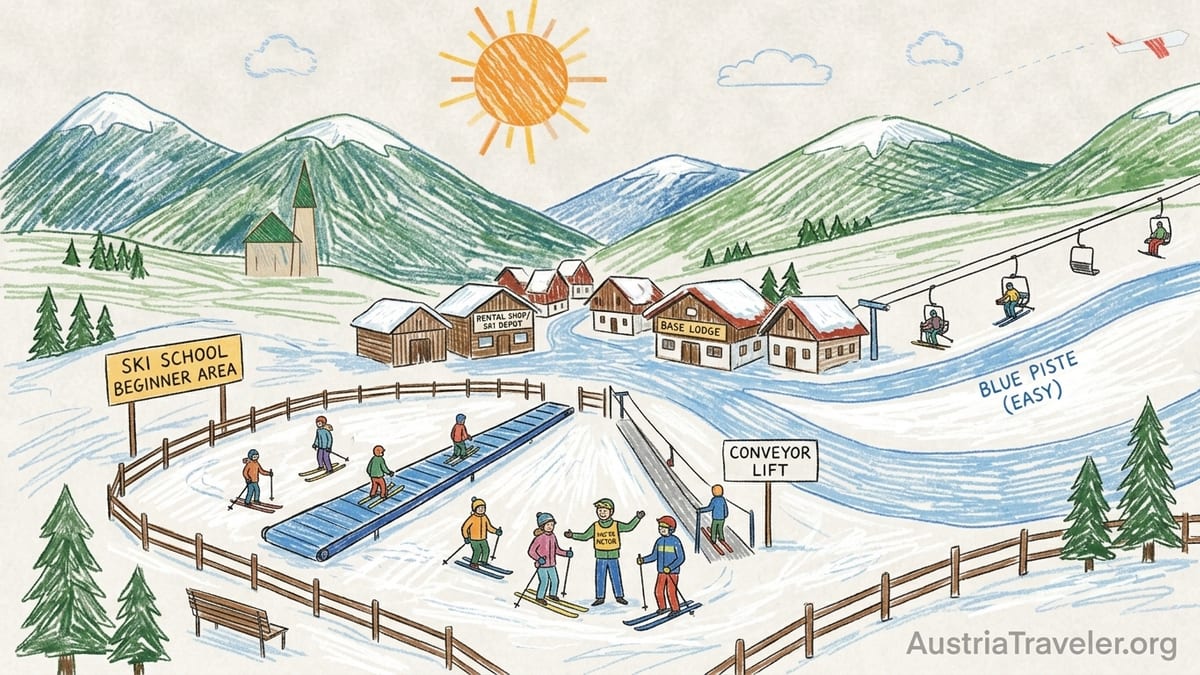 Beginner skiers on a gentle nursery slope in a small Austrian ski resort with wide easy pistes.