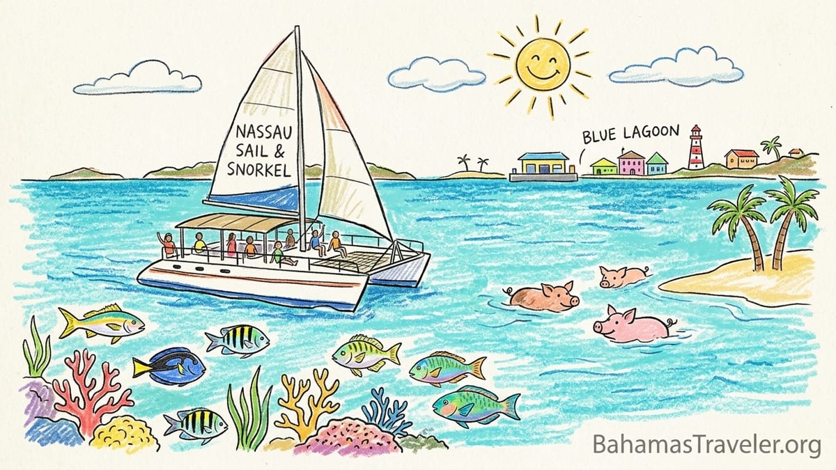 Snorkelers boarding a catamaran on clear turquoise water off Nassau, Bahamas.