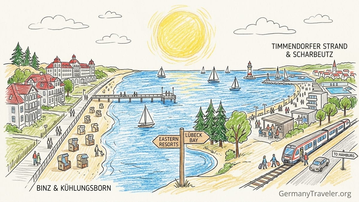 Promenade and sandy beach with Strandkorb chairs in a classic German Baltic Sea resort.